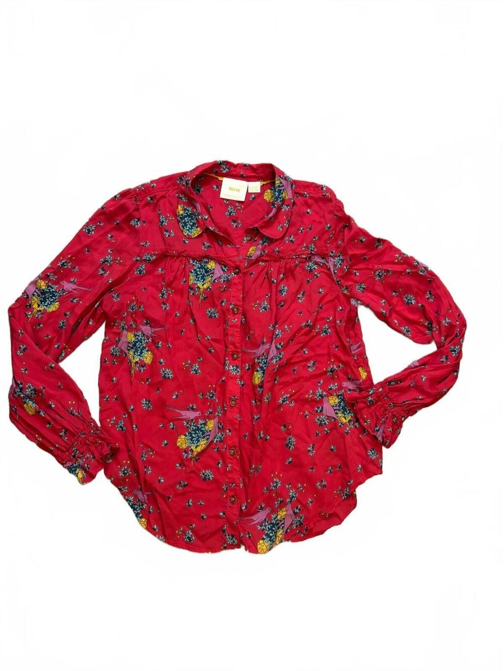 Maeve Anthropologie Blouse 14 Red Bird Floral Print Button Front Boho Top